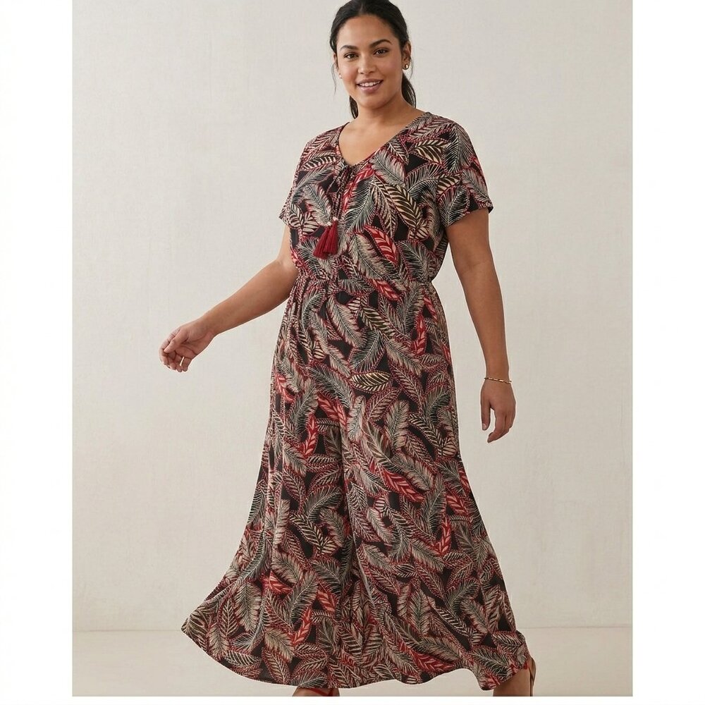 Seven Islands Short Sleeve Black Red Tropical V-Neck Knit Maxi Dress 1X NWT